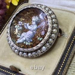 Broche De Col Xixe Napoléon Iii Émail Guilloché Vermeil Perles Fines Angelot