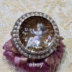 Broche De Col Xixe Napoléon Iii Émail Guilloché Vermeil Perles Fines Angelot