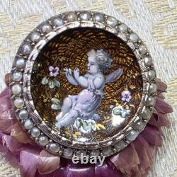 Broche De Col Xixe Napoléon Iii Émail Guilloché Vermeil Perles Fines Angelot