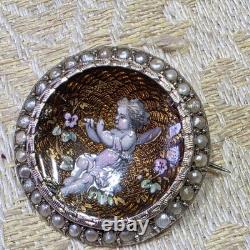 Broche De Col Xixe Napoléon Iii Émail Guilloché Vermeil Perles Fines Angelot
