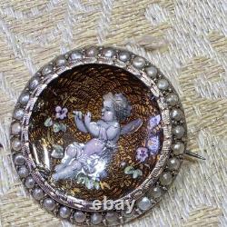 Broche De Col Xixe Napoléon Iii Émail Guilloché Vermeil Perles Fines Angelot