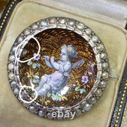 Broche De Col Xixe Napoléon Iii Émail Guilloché Vermeil Perles Fines Angelot