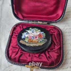 Broche Micro Mosaïque Colombe Fleurs XIXè avec Ecrin Micromosaic Jewel 19thC