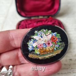 Broche Micro Mosaïque Colombe Fleurs XIXè avec Ecrin Micromosaic Jewel 19thC