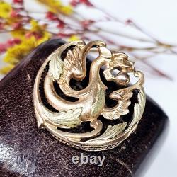 Broche Napoléon III Xixe Plaqué Or Rose & Vert Décor Chimère 26x 26 Mm