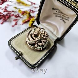 Broche Napoléon III Xixe Plaqué Or Rose & Vert Décor Chimère 26x 26 Mm