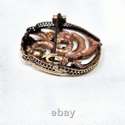 Broche Napoléon III Xixe Plaqué Or Rose & Vert Décor Chimère 26x 26 Mm
