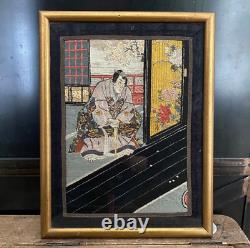 Broderie Estampe Japonaise Ancienne Encadrée XIXè Napoleon III