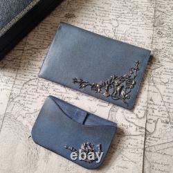 COFFRET Porte Monnaie Cuir Bleu Argent ANCIEN Fin XIXè Victorian French