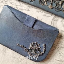 COFFRET Porte Monnaie Cuir Bleu Argent ANCIEN Fin XIXè Victorian French