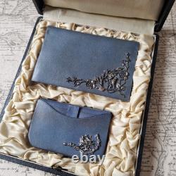 COFFRET Porte Monnaie Cuir Bleu Argent ANCIEN Fin XIXè Victorian French