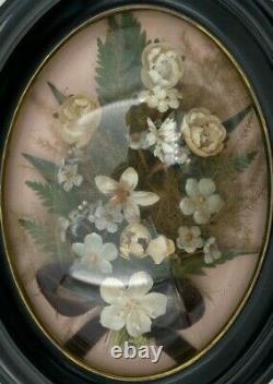 Cadre Ovale Napoleon III Verre Bombe Decor Floral Tissu XIX Eme H3079