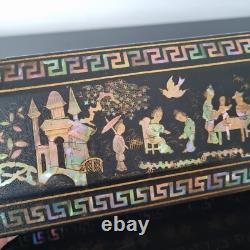 Coffret PAPIER MACHE XIXè Incrustation Nacre Burgauté Décor Chinois Capitonné