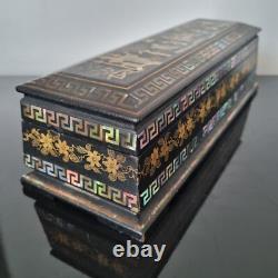 Coffret PAPIER MACHE XIXè Incrustation Nacre Burgauté Décor Chinois Capitonné