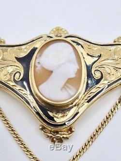 Collier ancien en or 18k émail noir pendentif camée et coeur XIXe Napoleon III