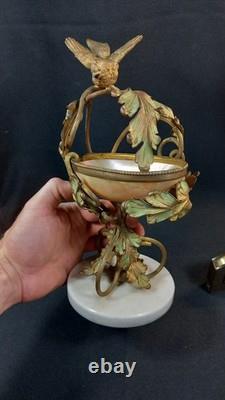 Coupe Laiton Bronze Napoléon III Oiseau Nid Vide Poche Socle Marbre XIXe
