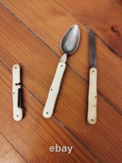 Couvert de Voyage Pliant Ancien XIXe Cuillère Fourchette Tire-Bouchon