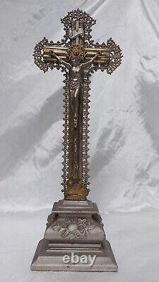 Croix Crucifix d'Autel XIXe Napoléon III Ancien En Bois Doré Argenté INRI 38cm