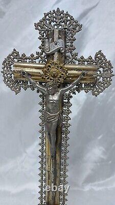 Croix Crucifix d'Autel XIXe Napoléon III Ancien En Bois Doré Argenté INRI 38cm