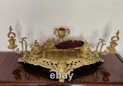 Double Encrier Bronze Doré XIXe Napoléon III signé MF Plume Bougeoirs Ancien