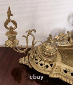 Double Encrier Bronze Doré XIXe Napoléon III signé MF Plume Bougeoirs Ancien