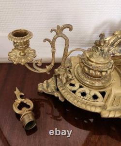 Double Encrier Bronze Doré XIXe Napoléon III signé MF Plume Bougeoirs Ancien
