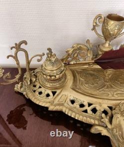 Double Encrier Bronze Doré XIXe Napoléon III signé MF Plume Bougeoirs Ancien