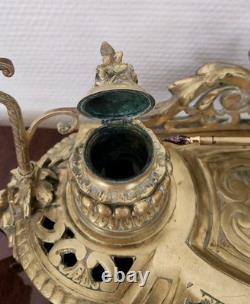 Double Encrier Bronze Doré XIXe Napoléon III signé MF Plume Bougeoirs Ancien