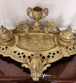 Double Encrier Bronze Doré XIXe Napoléon III signé MF Plume Bougeoirs Ancien