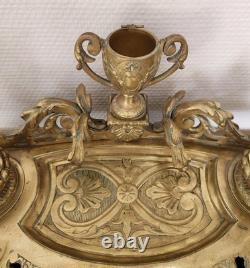Double Encrier Bronze Doré XIXe Napoléon III signé MF Plume Bougeoirs Ancien