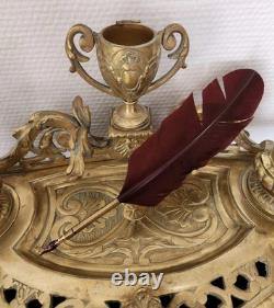 Double Encrier Bronze Doré XIXe Napoléon III signé MF Plume Bougeoirs Ancien