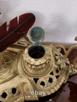 Double Encrier Bronze Doré XIXe Napoléon III signé MF Plume Bougeoirs Ancien