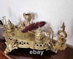Double Encrier Bronze Doré XIXe Napoléon III signé MF Plume Bougeoirs Ancien