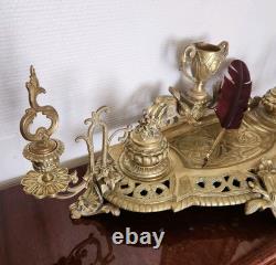 Double Encrier Bronze Doré XIXe Napoléon III signé MF Plume Bougeoirs Ancien