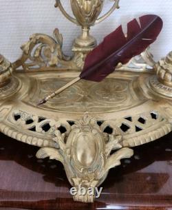 Double Encrier Bronze Doré XIXe Napoléon III signé MF Plume Bougeoirs Ancien