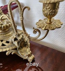Double Encrier Bronze Doré XIXe Napoléon III signé MF Plume Bougeoirs Ancien