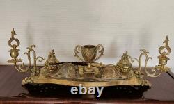 Double Encrier Bronze Doré XIXe Napoléon III signé MF Plume Bougeoirs Ancien