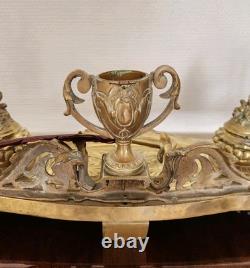 Double Encrier Bronze Doré XIXe Napoléon III signé MF Plume Bougeoirs Ancien