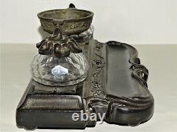 -ENCRIER XIXe SOCLE EBONITE NAPOLEON III 2 Encriers CRISTAL 1 coupe Centrale