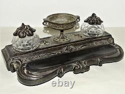 -ENCRIER XIXe SOCLE EBONITE NAPOLEON III 2 Encriers CRISTAL 1 coupe Centrale