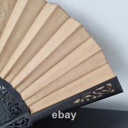 EVENTAIL Ancien XIXè Bois Sculpté Fleurs Napoléon III Antique HAND FAN VENTAGLIO