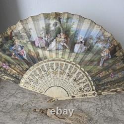 EVENTAIL XIXè Décor Peint Romantique Napoléon III avec Pompon HAND FAN