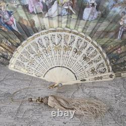 EVENTAIL XIXè Décor Peint Romantique Napoléon III avec Pompon HAND FAN