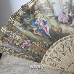 EVENTAIL XIXè Décor Peint Romantique Napoléon III avec Pompon HAND FAN