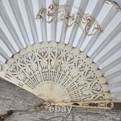 EVENTAIL XIXè Décor Peint Romantique Napoléon III avec Pompon HAND FAN