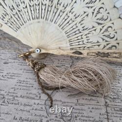 EVENTAIL XIXè Décor Peint Romantique Napoléon III avec Pompon HAND FAN