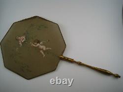 Ecran à main XIX peinture sur soie AUX AMOURS manche en bois doré Napoléon III