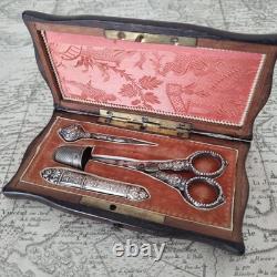 Ecrin Couture Ancien XIXè Argent Ciseaux Dé A Coudre Complet Marqueterie