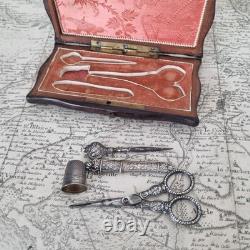 Ecrin Couture Ancien XIXè Argent Ciseaux Dé A Coudre Complet Marqueterie