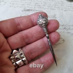 Ecrin Couture Ancien XIXè Argent Ciseaux Dé A Coudre Complet Marqueterie